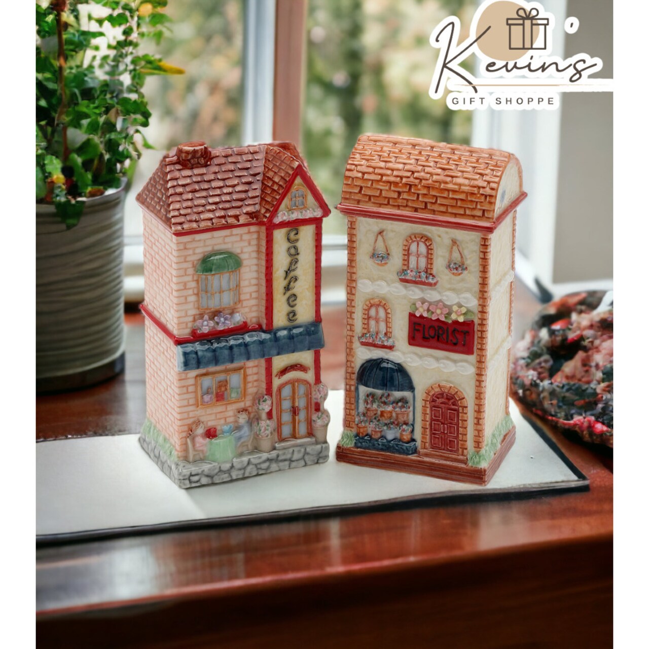 Kevins Gift Shoppe Ceramic European Coffee and Florist Shop Salt and Pepper